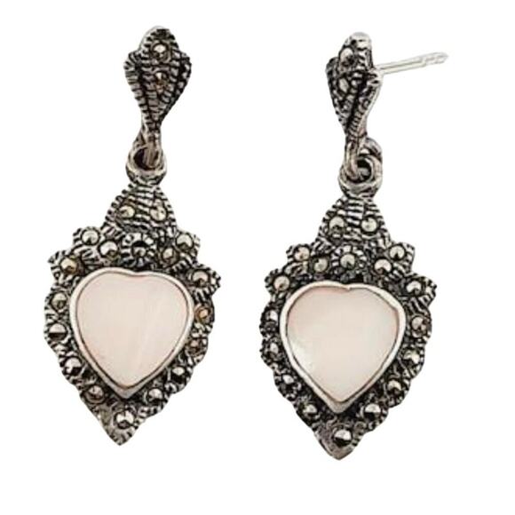Vtg Signed M 925 Sterling Silver
Marcasite Mother of Pearl Heart
Dangle Earrings - Picture 1 of 15